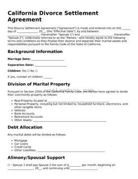 Attorney-Approved  Divorce Settlement Agreement Form for California