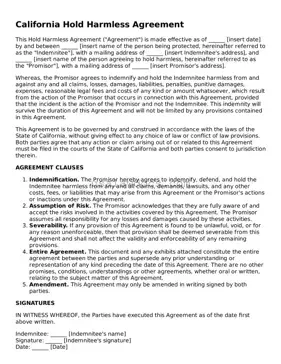 Attorney-Approved  Hold Harmless Agreement Form for California