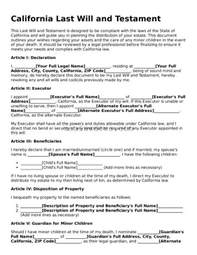 Attorney-Approved  Last Will and Testament Form for California