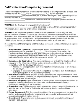 Attorney-Approved  Non-compete Agreement Form for California