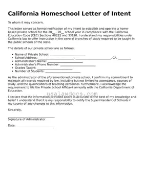 Attorney-Approved  Homeschool Letter of Intent Form for California