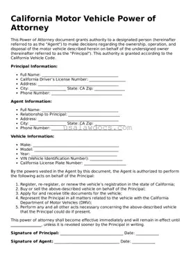 Attorney-Approved  Motor Vehicle Power of Attorney Form for California