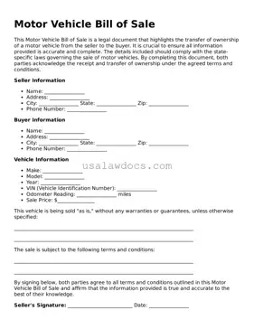 Free Motor Vehicle Bill of Sale Form
