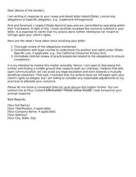 Free Response to a Cease and Desist Letter Form