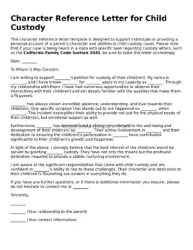 Free Character Reference Letter for Child Custody Form