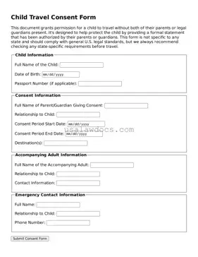 Free Child Travel Consent Form Form