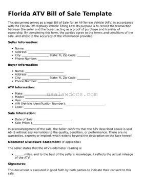Attorney-Approved  ATV Bill of Sale Form for Florida