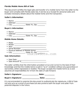 Attorney-Approved  Mobile Home Bill of Sale Form for Florida