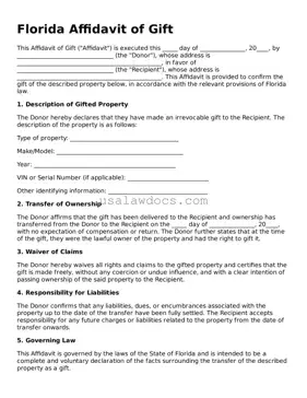 Attorney-Approved  Affidavit of Gift Form for Florida