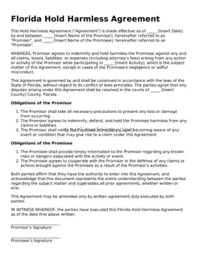 Attorney-Approved  Hold Harmless Agreement Form for Florida