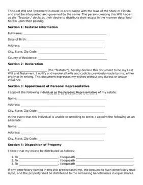Attorney-Approved  Last Will and Testament Form for Florida