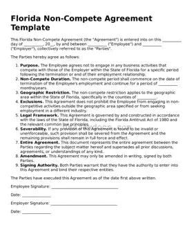 Attorney-Approved  Non-compete Agreement Form for Florida