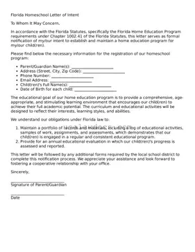 Attorney-Approved  Homeschool Letter of Intent Form for Florida