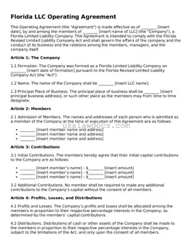 Attorney-Approved  Operating Agreement Form for Florida