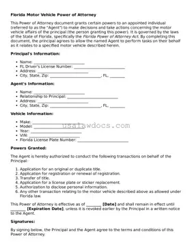 Attorney-Approved  Motor Vehicle Power of Attorney Form for Florida