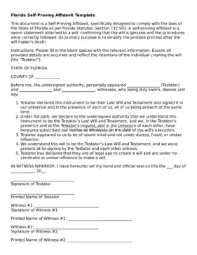 Attorney-Approved  Self-Proving Affidavit Form for Florida