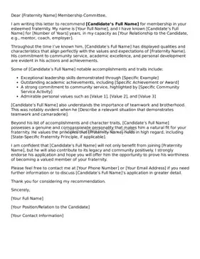 Free Fraternity Recommendation Letter Form