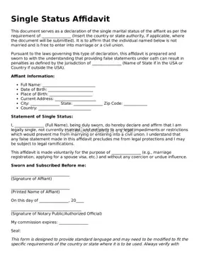 Free Single Status Affidavit Form