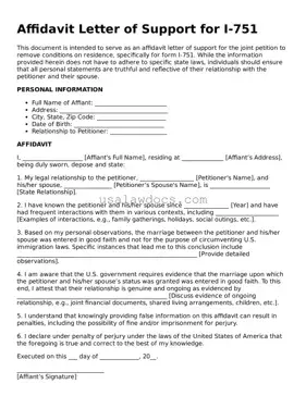 Free Affidavit Letter of Support for I-751 Form