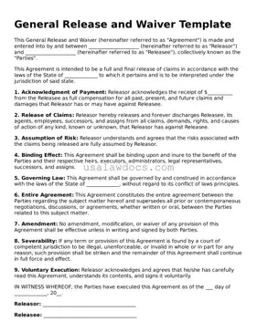 Free General Release and Waiver Form
