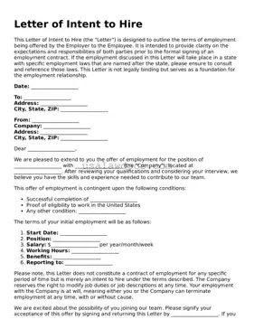 Free Letter of Intent to Hire Form