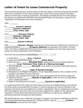Free Letter of Intent to Lease Commercial Property Form