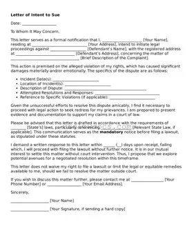 Free Letter of Intent to Sue Form