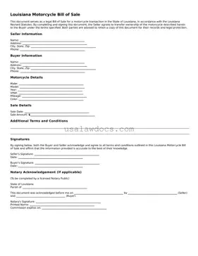 Attorney-Approved  Motorcycle Bill of Sale Form for Louisiana