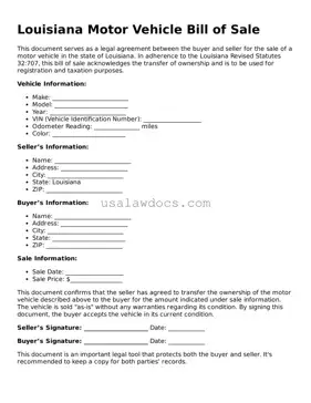 Attorney-Approved  Motor Vehicle Bill of Sale Form for Louisiana