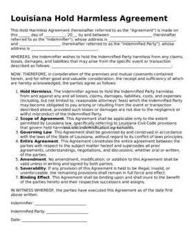 Attorney-Approved  Hold Harmless Agreement Form for Louisiana