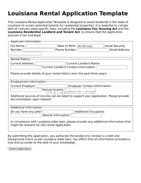 Attorney-Approved  Rental Application Form for Louisiana