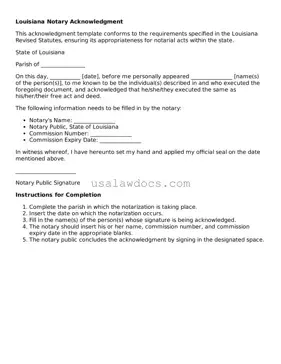 Attorney-Approved  Notary Acknowledgement Form for Louisiana
