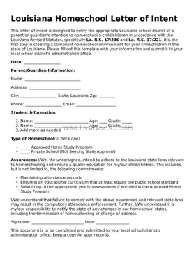 Attorney-Approved  Homeschool Letter of Intent Form for Louisiana