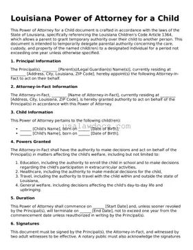 Attorney-Approved  Power of Attorney for a Child Form for Louisiana