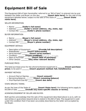Free Equipment Bill of Sale Form