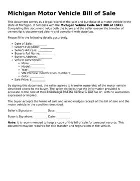 Attorney-Approved  Motor Vehicle Bill of Sale Form for Michigan