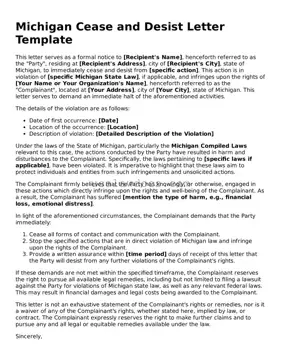 Attorney-Approved  Cease and Desist Letter Form for Michigan