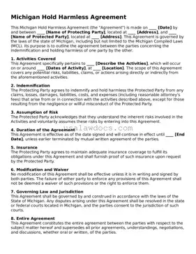 Attorney-Approved  Hold Harmless Agreement Form for Michigan