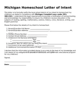 Attorney-Approved  Homeschool Letter of Intent Form for Michigan