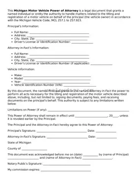 Attorney-Approved  Motor Vehicle Power of Attorney Form for Michigan