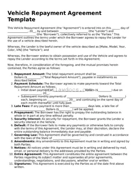 Free Vehicle Repayment Agreement Form