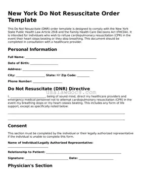 Attorney-Approved  Do Not Resuscitate Order Form for New York