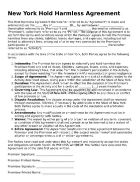 Attorney-Approved  Hold Harmless Agreement Form for New York