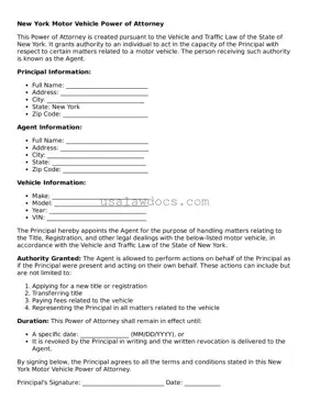 Attorney-Approved  Motor Vehicle Power of Attorney Form for New York