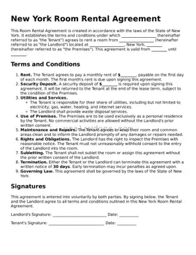 Attorney-Approved  Room Rental Agreement Form for New York