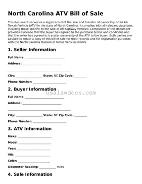 Attorney-Approved  ATV Bill of Sale Form for North Carolina