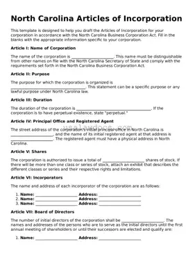 Attorney-Approved  Articles of Incorporation Form for North Carolina