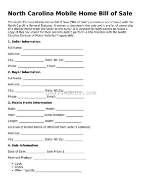 Attorney-Approved  Mobile Home Bill of Sale Form for North Carolina