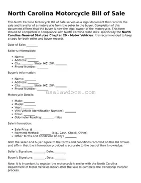 Attorney-Approved  Motorcycle Bill of Sale Form for North Carolina