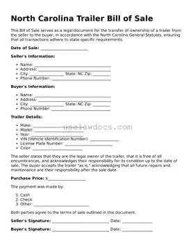 Attorney-Approved  Trailer Bill of Sale Form for North Carolina